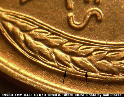 Die-stage B marker on 1958D•1MM•043 (1958 Repunched Mint Mark).