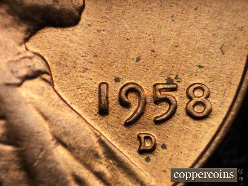 Die-stage B marker on 1958D•1MM•044 (1958 Repunched Mint Mark).