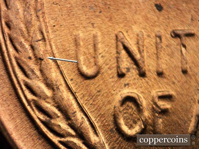 Die-stage B marker on 1958D•1MM•044 (1958 Repunched Mint Mark).