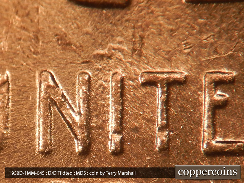 Die-stage B marker on 1958D•1MM•045 (1958 Repunched Mint Mark).