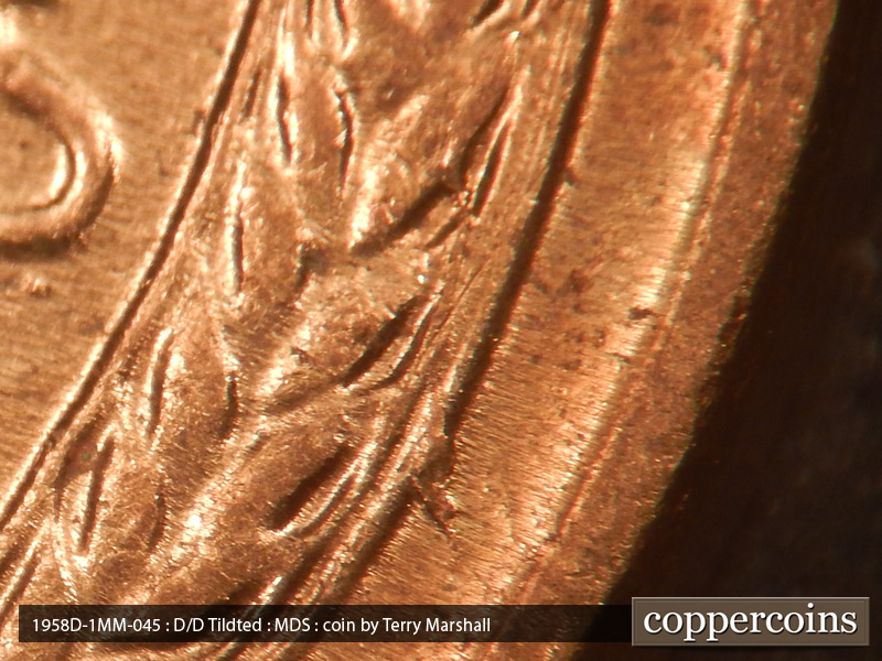 Die-stage B marker on 1958D•1MM•045 (1958 Repunched Mint Mark).