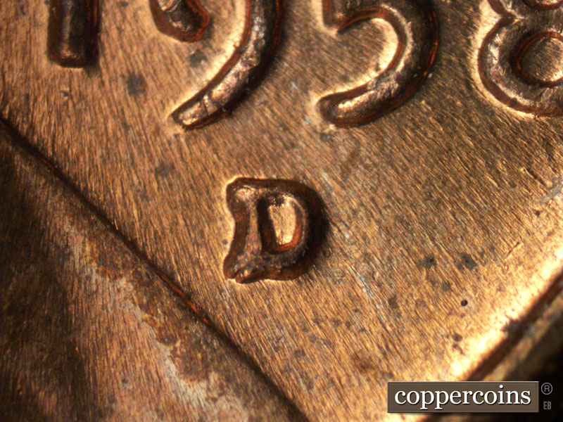 1958 Lincoln cent obverse, CopperCoins die 1958D•1MM•046.