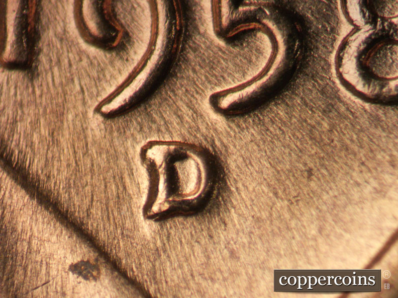 1958 Lincoln cent obverse, CopperCoins die 1958D•1MM•047.