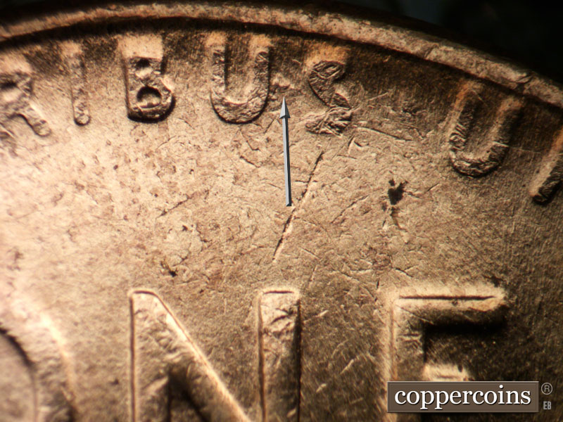 Die-stage B marker on 1958D•1MM•047 (1958 Repunched Mint Mark).