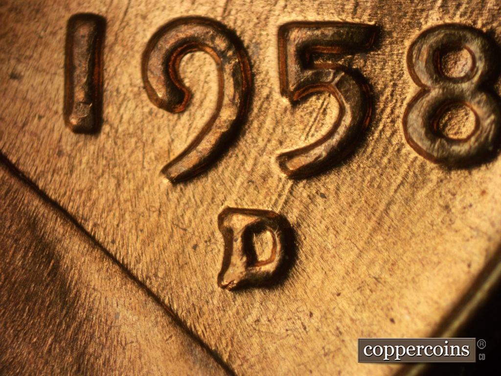 Die-stage B marker on 1958D•1MM•049 showing Date and mint mark area to show relative distances. Old SW-NE die scratches show throughout the area.