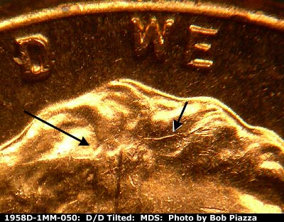 Die-stage B marker on 1958D•1MM•050 (1958 Repunched Mint Mark).