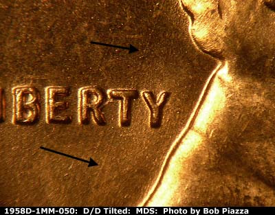 Die-stage B marker on 1958D•1MM•050 (1958 Repunched Mint Mark).