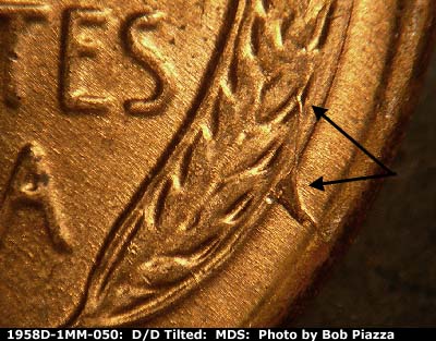 Die-stage B marker on 1958D•1MM•050 (1958 Repunched Mint Mark).