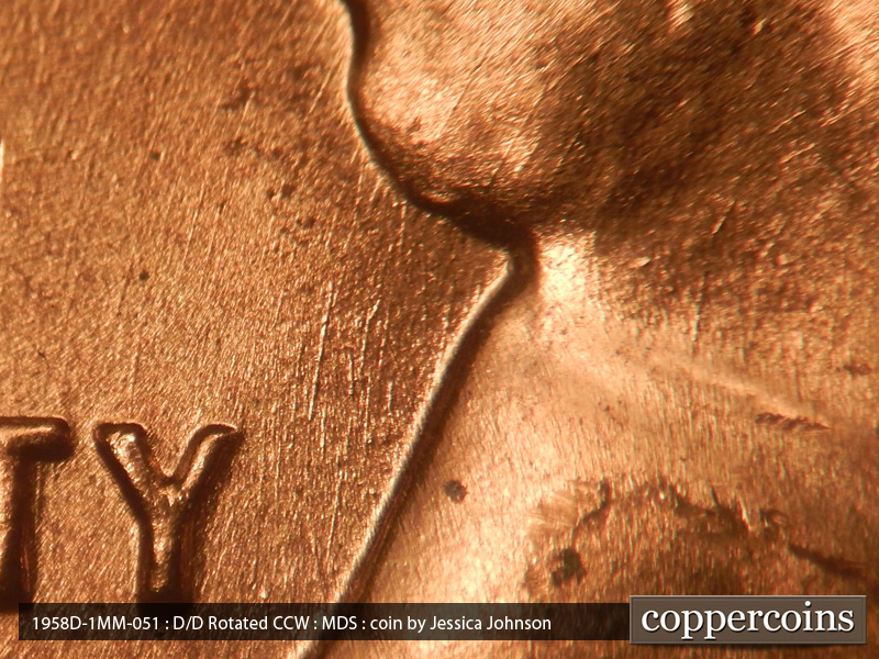Die-stage B marker on 1958D•1MM•051 (1958 Repunched Mint Mark).