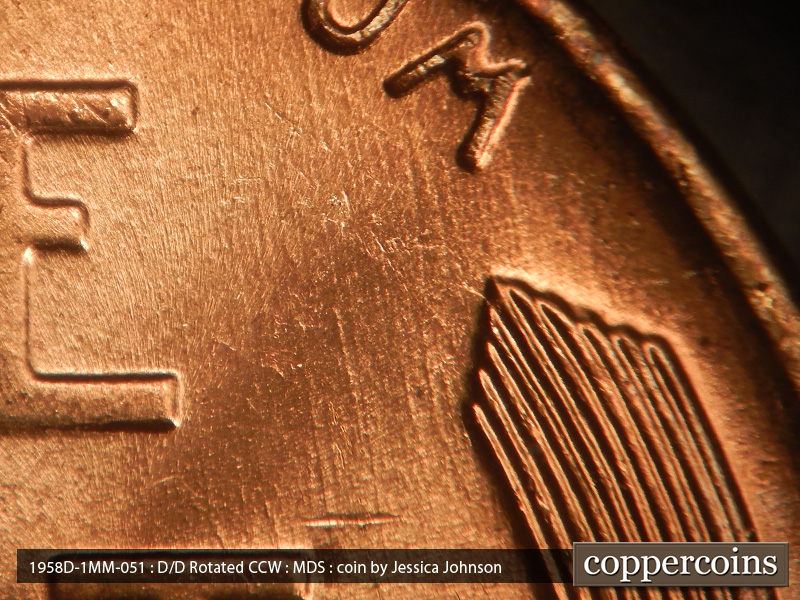 Die-stage B marker on 1958D•1MM•051 (1958 Repunched Mint Mark).