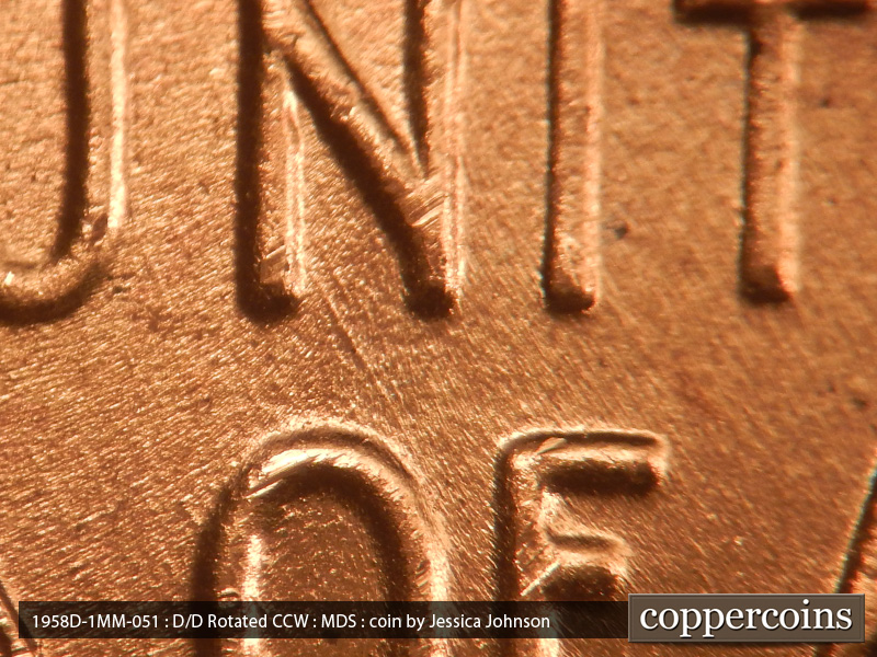 Die-stage B marker on 1958D•1MM•051 (1958 Repunched Mint Mark).