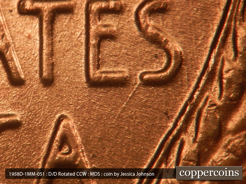 Die-stage B marker on 1958D•1MM•051 (1958 Repunched Mint Mark).