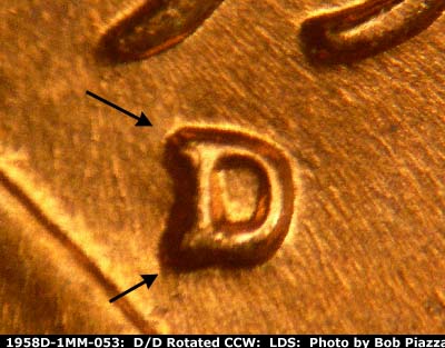 Die-stage C marker on 1958D•1MM•053 (1958 Repunched Mint Mark).