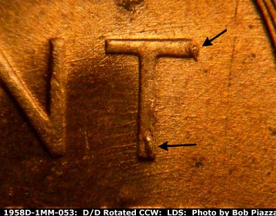 Die-stage C marker on 1958D•1MM•053 (1958 Repunched Mint Mark).