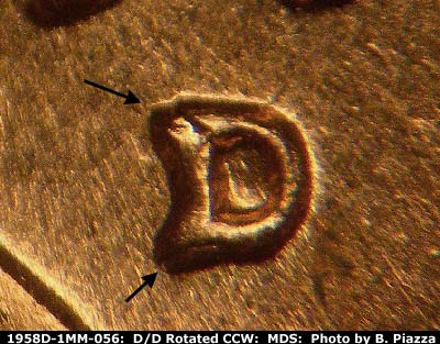 Die-stage B marker on 1958D•1MM•056 (1958 Repunched Mint Mark).