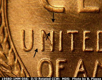 Die-stage B marker on 1958D•1MM•056 (1958 Repunched Mint Mark).