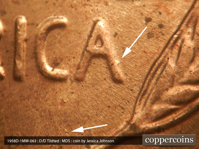 Die-stage B marker on 1958D•1MM•063 (1958 Repunched Mint Mark).