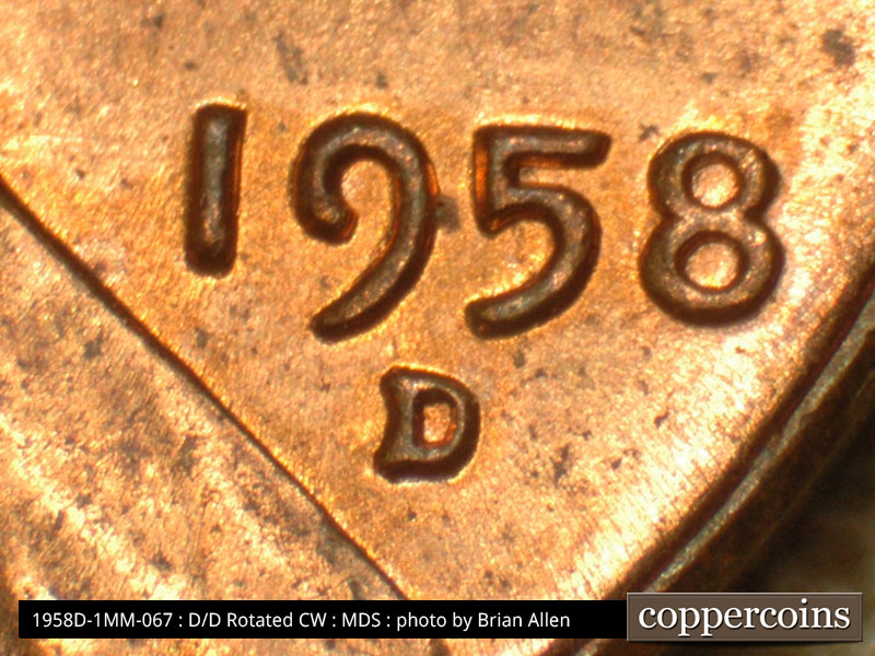Die-stage B marker on 1958D•1MM•067 (1958 Repunched Mint Mark).