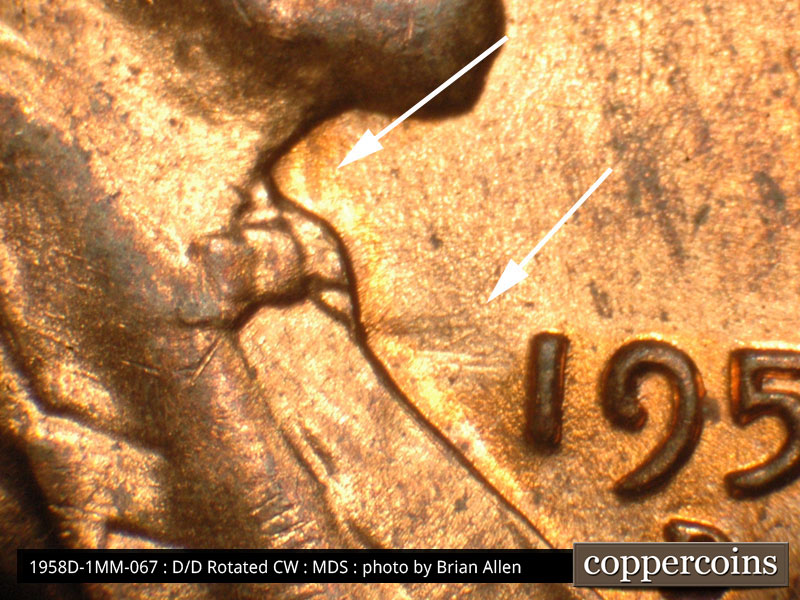 Die-stage B marker on 1958D•1MM•067 (1958 Repunched Mint Mark).