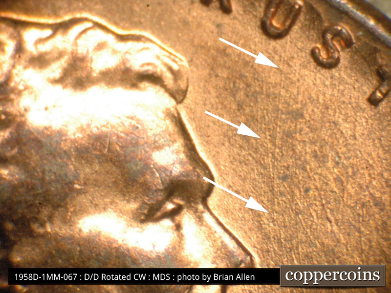 Die-stage B marker on 1958D•1MM•067 (1958 Repunched Mint Mark).