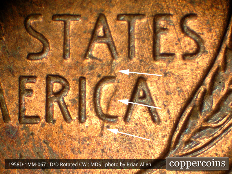 Die-stage B marker on 1958D•1MM•067 (1958 Repunched Mint Mark).
