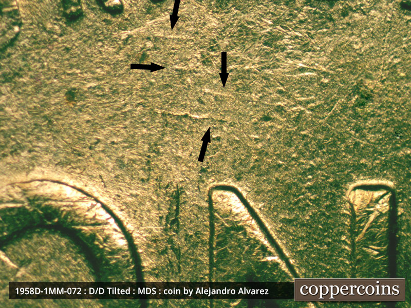 Die-stage B marker on 1958D•1MM•072 (1958 Repunched Mint Mark).