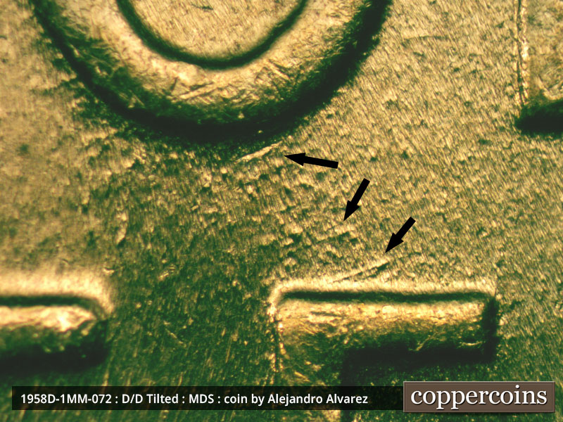 Die-stage B marker on 1958D•1MM•072 (1958 Repunched Mint Mark).