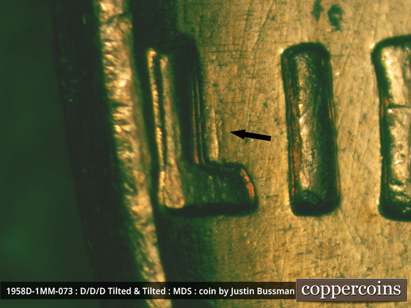 Die-stage B marker on 1958D•1MM•073 (1958 Repunched Mint Mark).