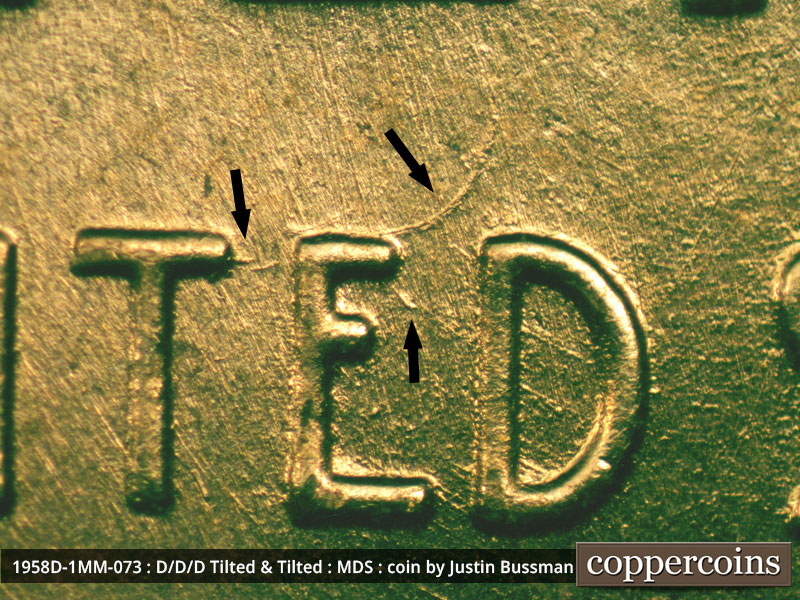 Die-stage B marker on 1958D•1MM•073 (1958 Repunched Mint Mark).