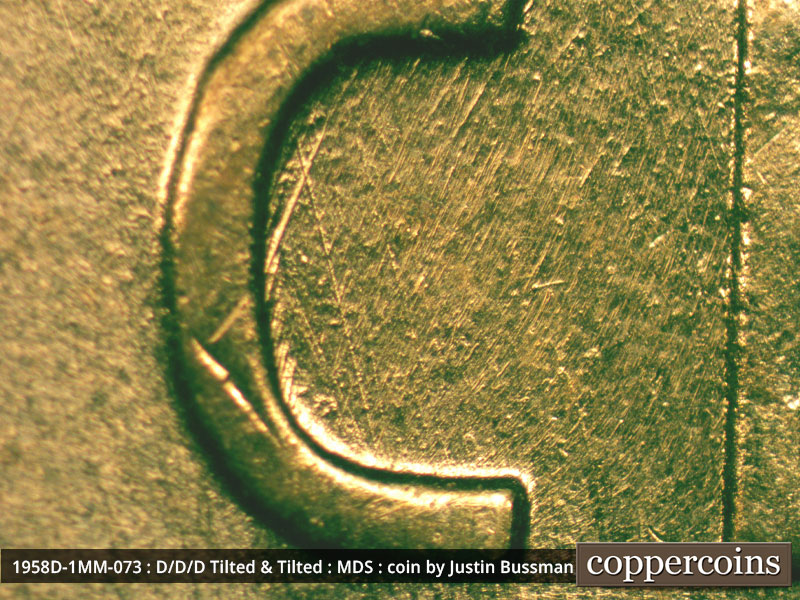 Die-stage B marker on 1958D•1MM•073 (1958 Repunched Mint Mark).
