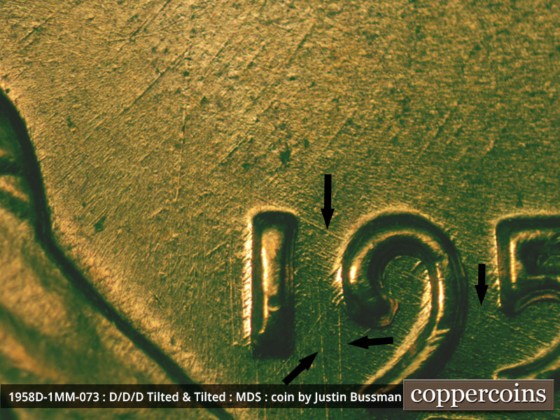 Die-stage B marker on 1958D•1MM•073 (1958 Repunched Mint Mark).
