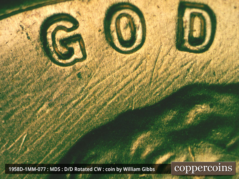Die-stage B marker on 1958D•1MM•077 (1958 Repunched Mint Mark).