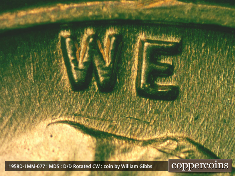 Die-stage B marker on 1958D•1MM•077 (1958 Repunched Mint Mark).