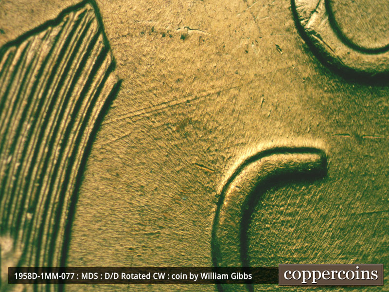 Die-stage B marker on 1958D•1MM•077 (1958 Repunched Mint Mark).