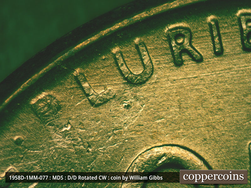 Die-stage B marker on 1958D•1MM•077 (1958 Repunched Mint Mark).