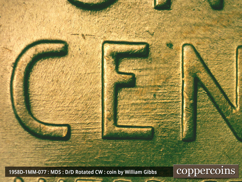 Die-stage B marker on 1958D•1MM•077 (1958 Repunched Mint Mark).