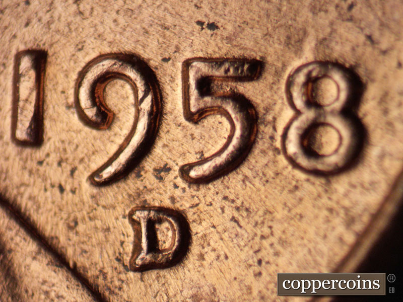 1958 Lincoln cent obverse, CopperCoins die 1958D•1MM•078.