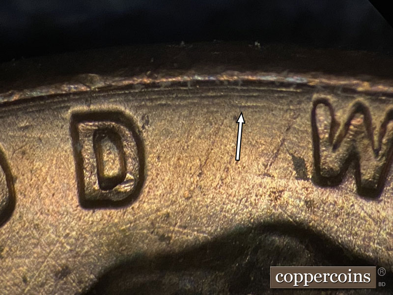 Die-stage B marker on 1958D•1MM•080 (1958 Repunched Mint Mark).