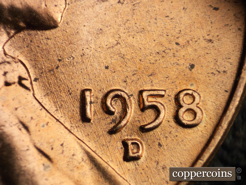 Die-stage B marker on 1958D•1MM•087 (1958 Repunched Mint Mark).