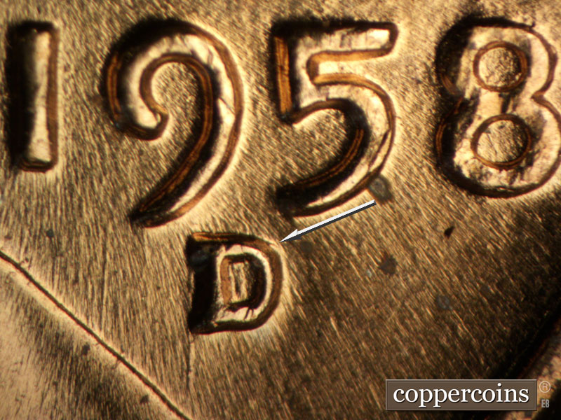 1958 Lincoln cent obverse, CopperCoins die 1958D•1MM•090.