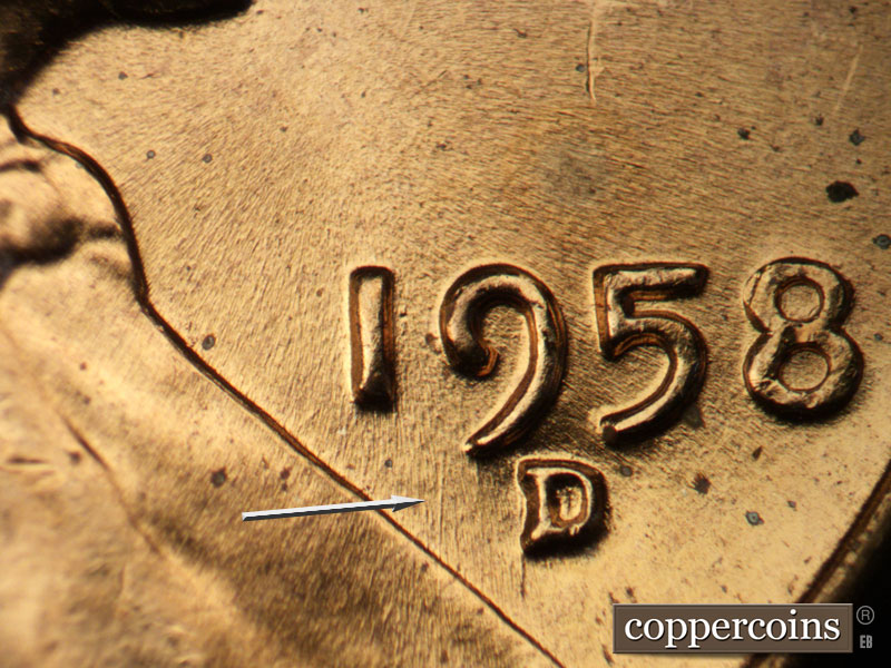 Die-stage B marker on 1958D•1MM•090 (1958 Repunched Mint Mark).