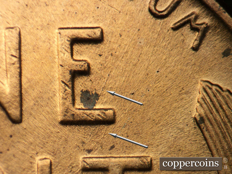 Die-stage B marker on 1958D•1MM•090 (1958 Repunched Mint Mark).