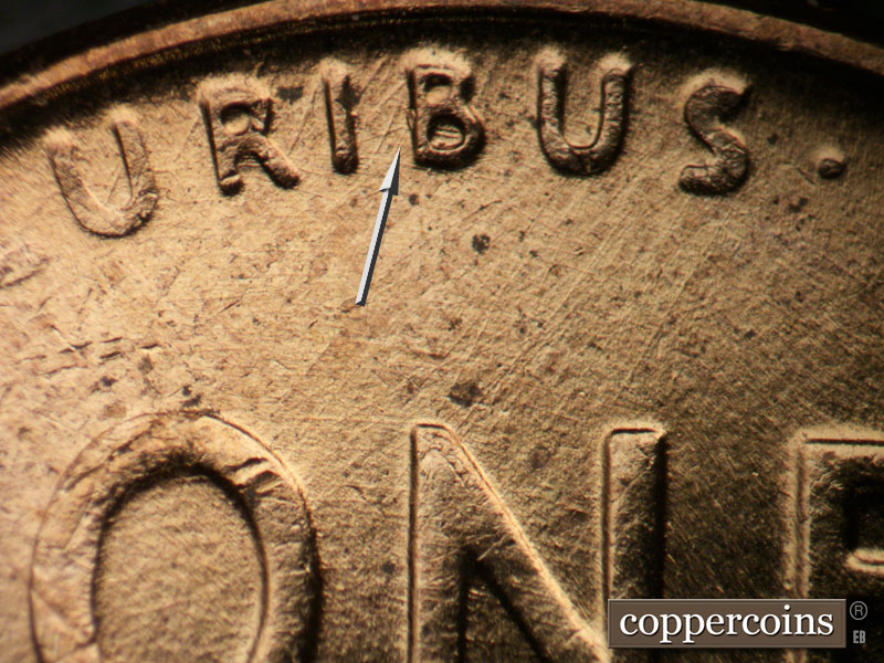 Die-stage B marker on 1958D•1MM•091 (1958 Repunched Mint Mark).
