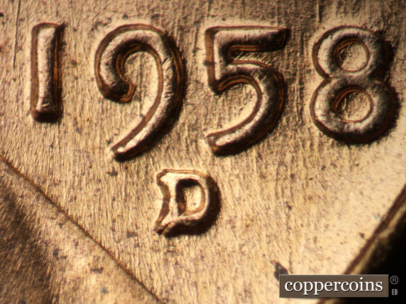1958 Lincoln cent obverse, CopperCoins die 1958D•1MM•092.