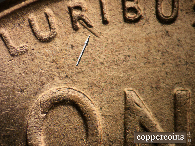 Die-stage B marker on 1958D•1MM•092 (1958 Repunched Mint Mark).