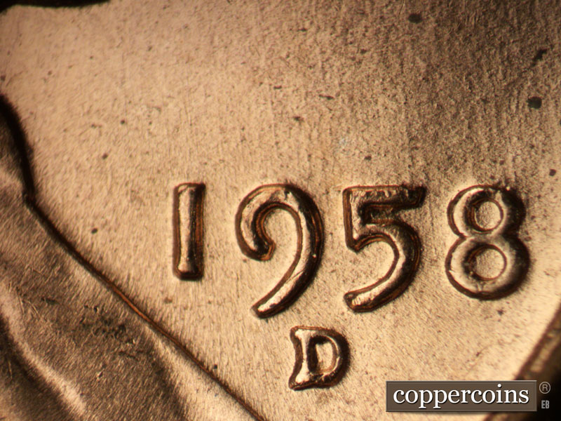 Die-stage B marker on 1958D•1MM•095 (1958 Repunched Mint Mark).