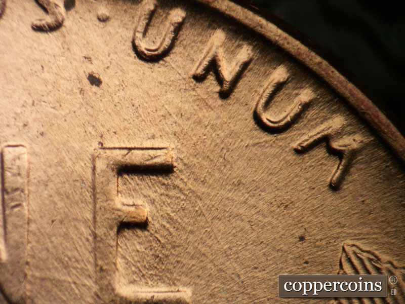 Die-stage B marker on 1958D•1MM•095 (1958 Repunched Mint Mark).