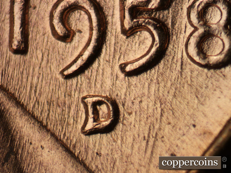 1958 Lincoln cent obverse, CopperCoins die 1958D•1MM•097.
