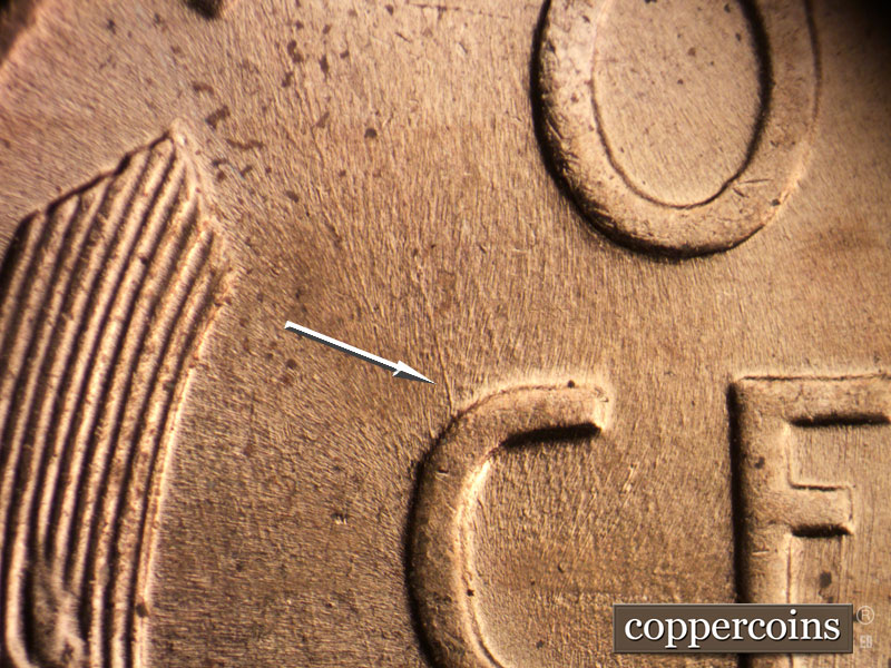 Die-stage B marker on 1958D•1MM•097 (1958 Repunched Mint Mark).