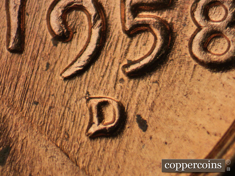 1958 Lincoln cent obverse, CopperCoins die 1958D•1MM•099.
